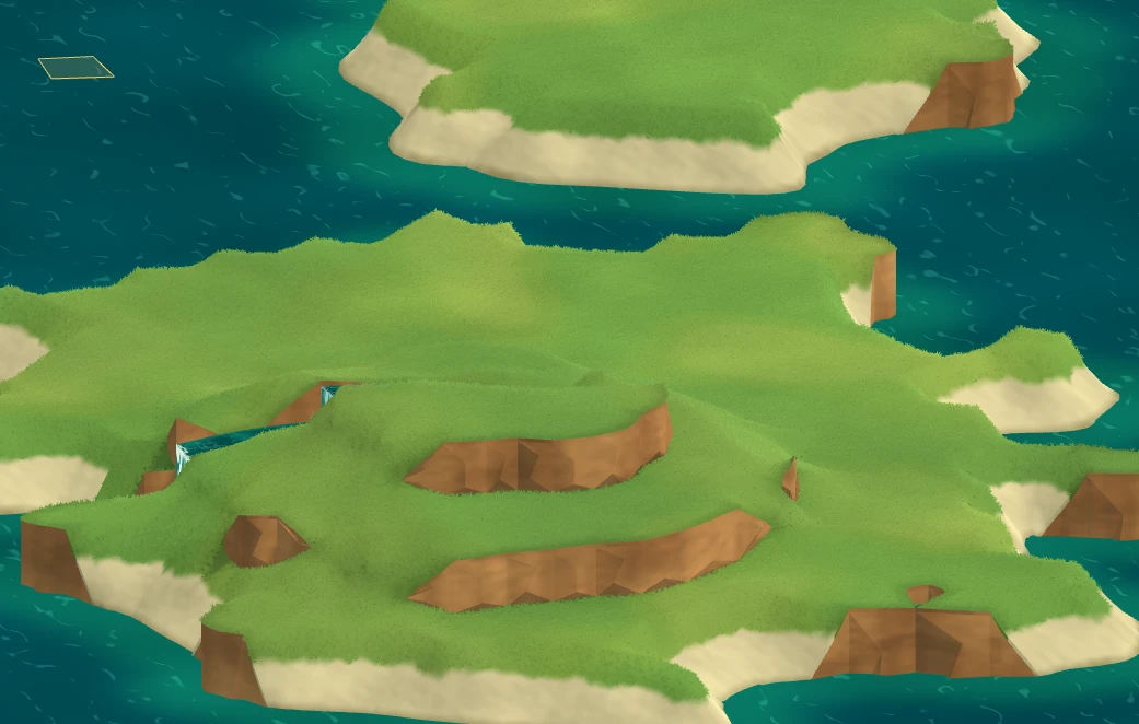 A generated island in Meadow Terrain: grass tops, soil rims, exposed rock walls and a carved river, rendered in Godot 4.7